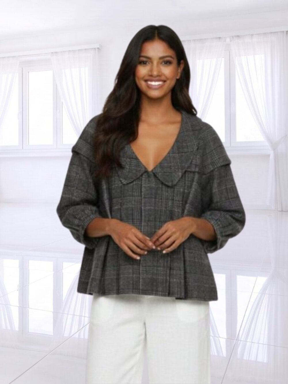 Donna Karan DKNY Plaid Wool Blend Pleated Swing Coat – Chic Cropped Academia